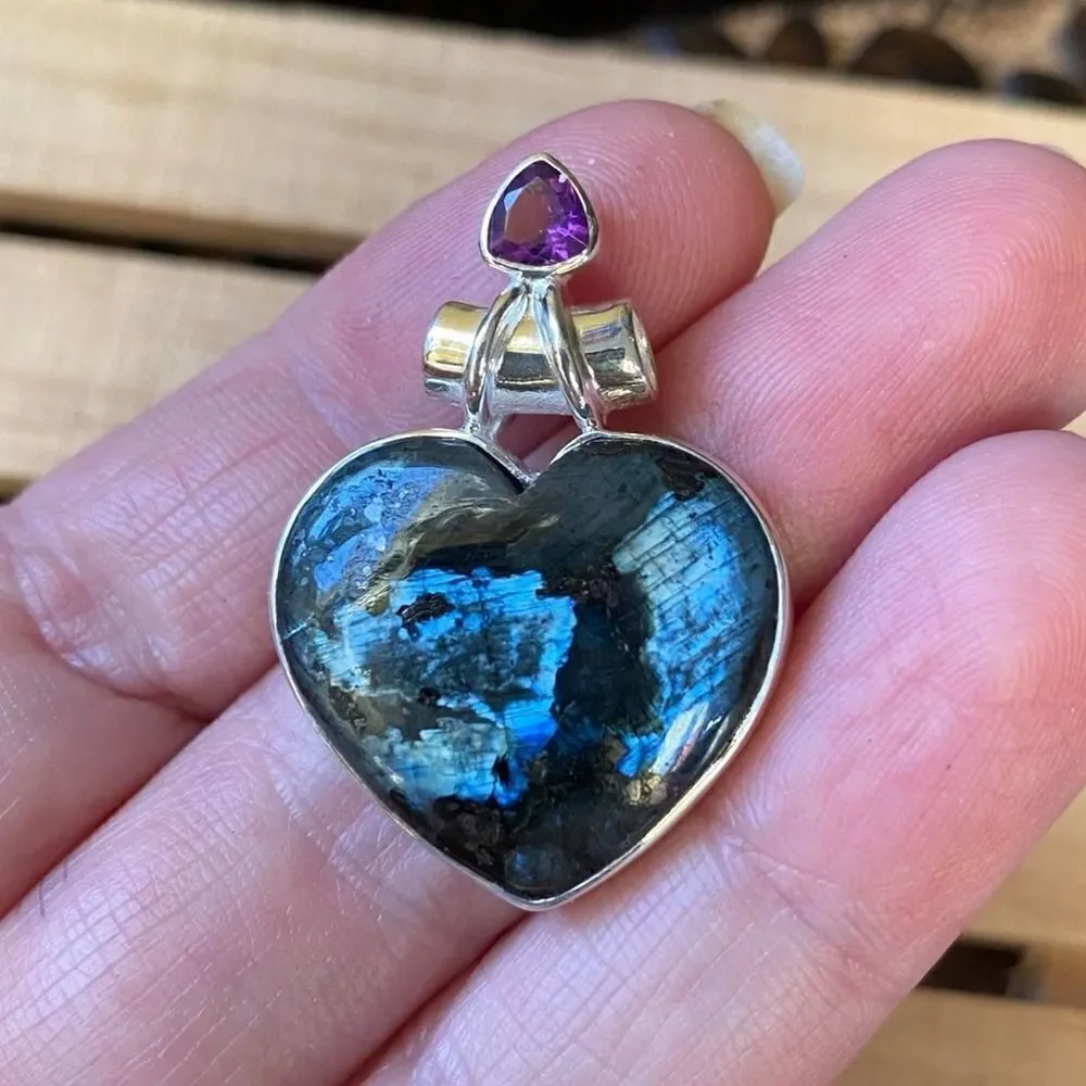 Larvikite Black Moonstone and Amethyst Heart Solid Sterling Silver Pendant